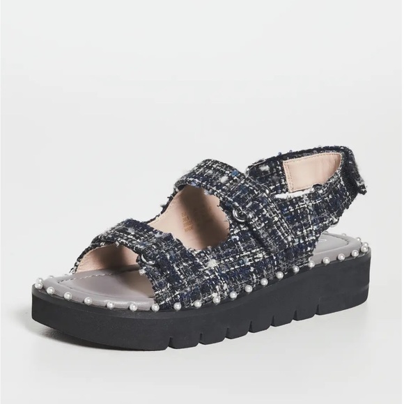 NEW Stuart Weitzman Zoe Lift Sandals Sz 40 Metallic Tweed Pearl Dad Sandal - Picture 1 of 13